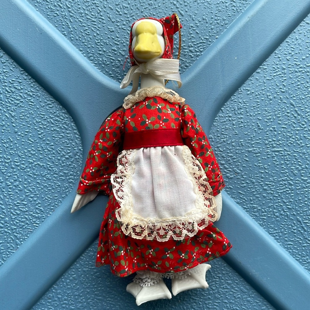 Vintage Christmas Ornament Duck made of porcelain/fabrics 6 1/2” tall